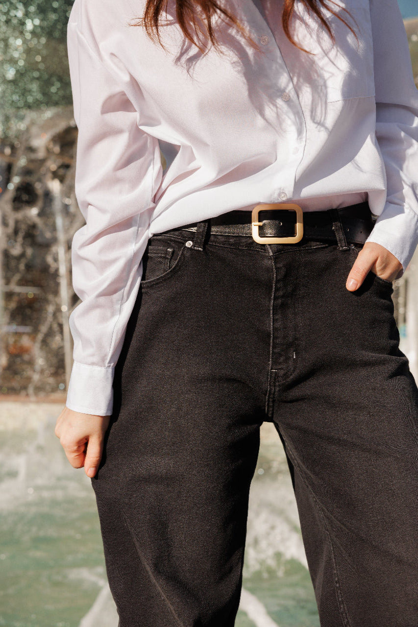 Black high waisted wide leg jeans, structured denim