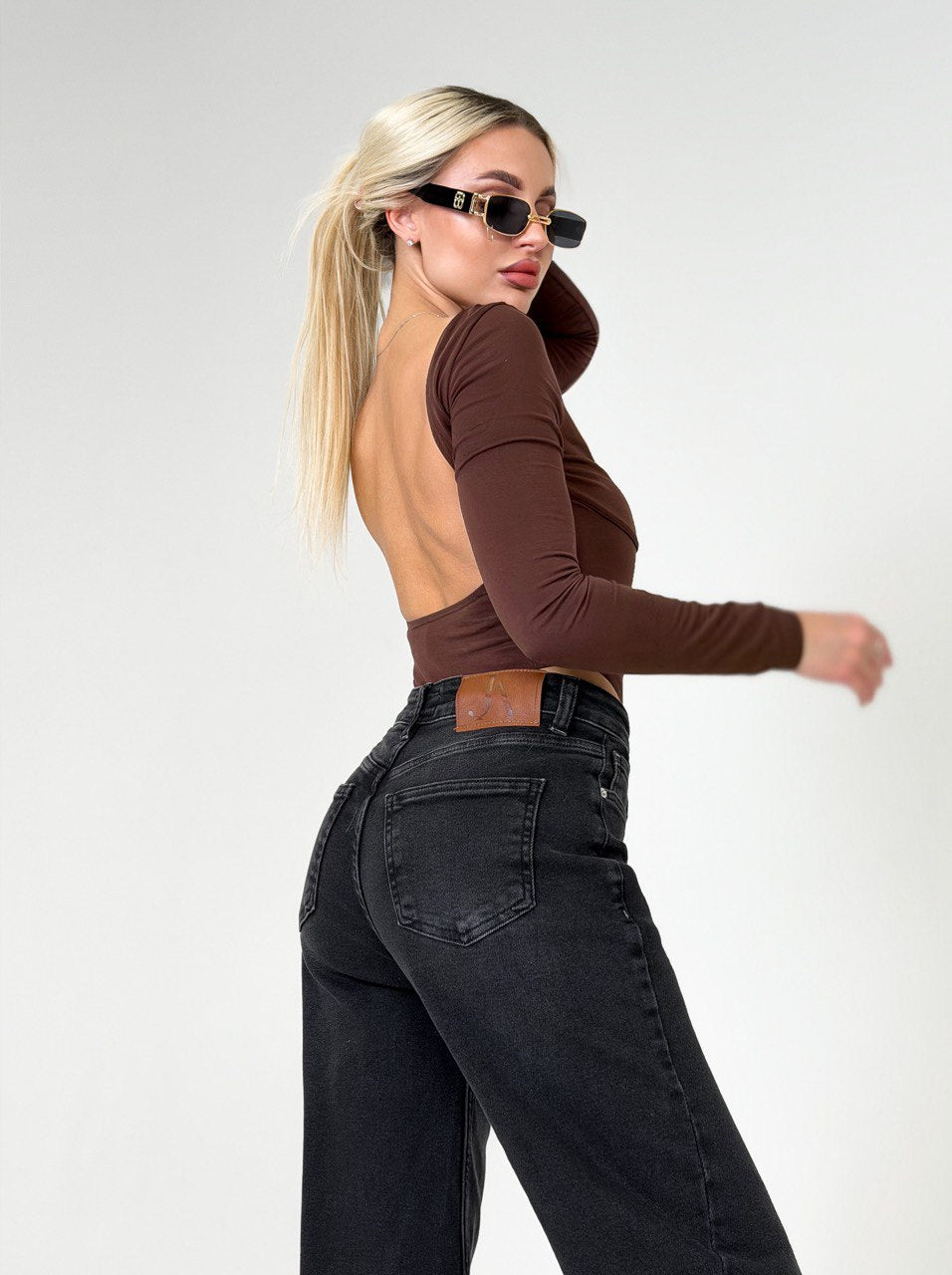 Black high waisted wide leg jeans, structured denim